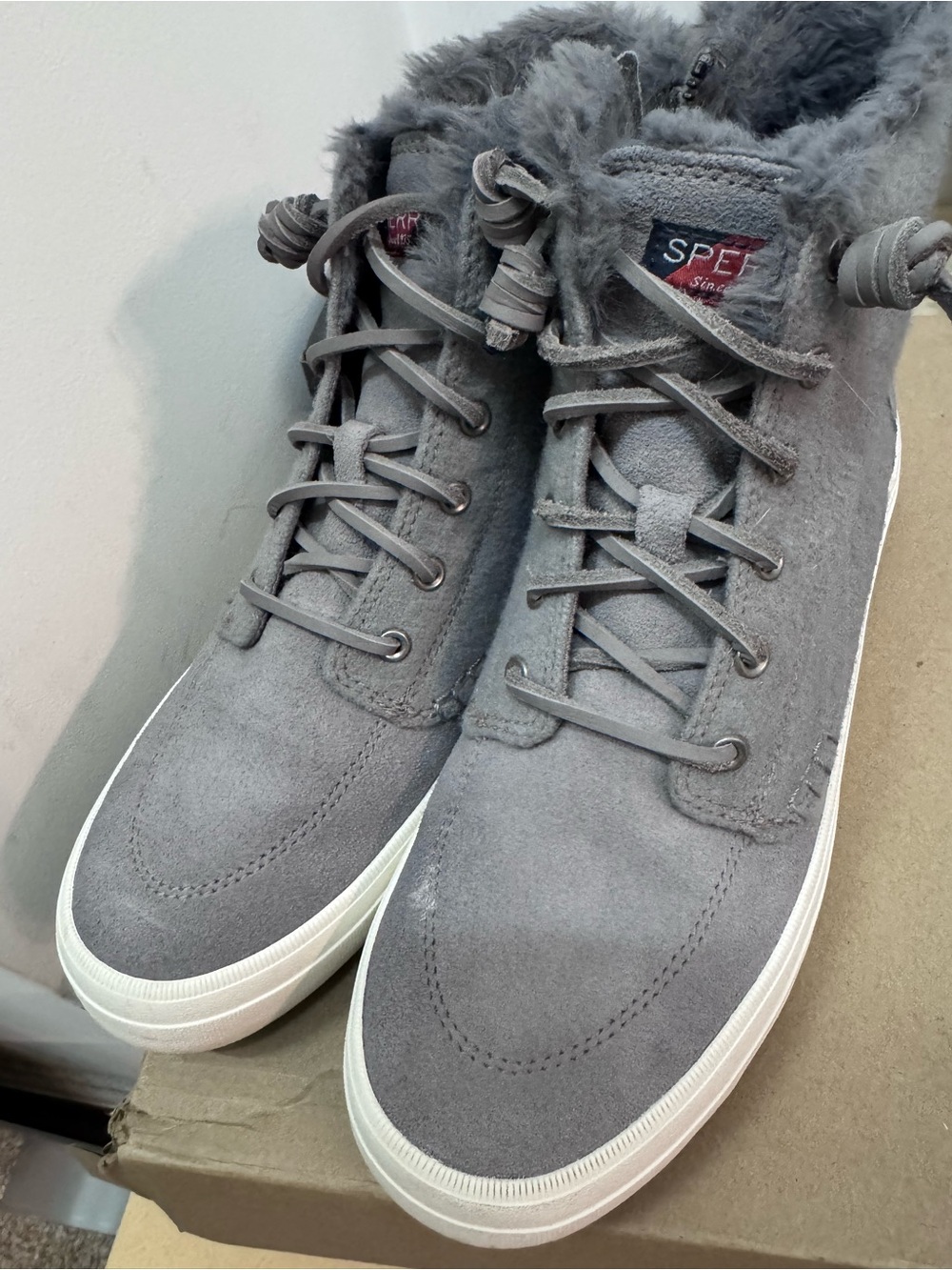 Sperry Women’s Grey Faux-Fur Lined Suede High-Top Sneakers (side zip)